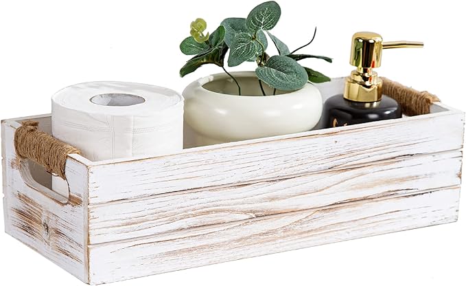 TIMRIS Rustic Wooden Toilet Paper Holder, Farmhouse Bathroom Decor, Toilet Tank Basket, Decorative Storage Container (Whitewash)