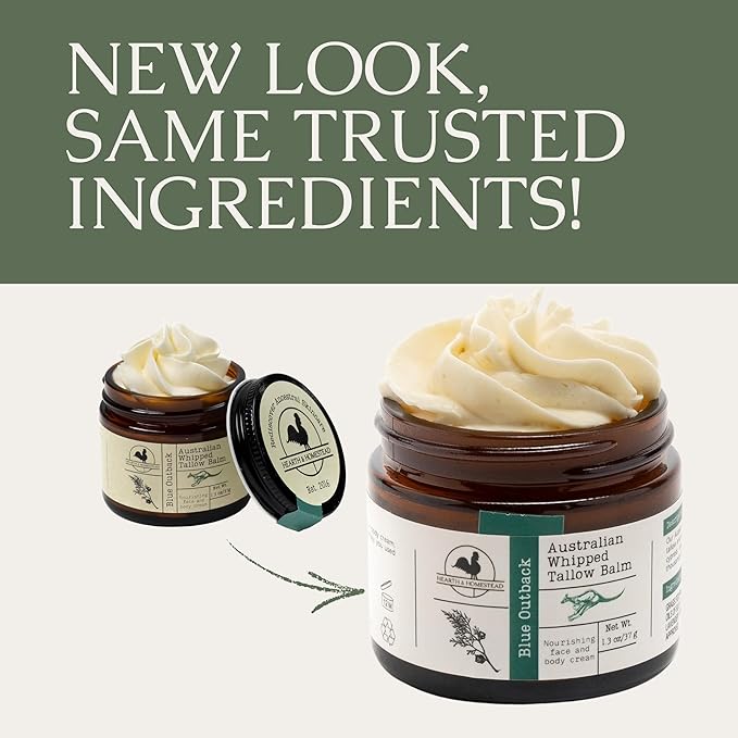 Hearth and Homestead: Handmade Blue Outback Australian Whipped Tallow Balm with Emu, Jojoba, Sandalwood, and Blue Cypress - 1.3 oz -