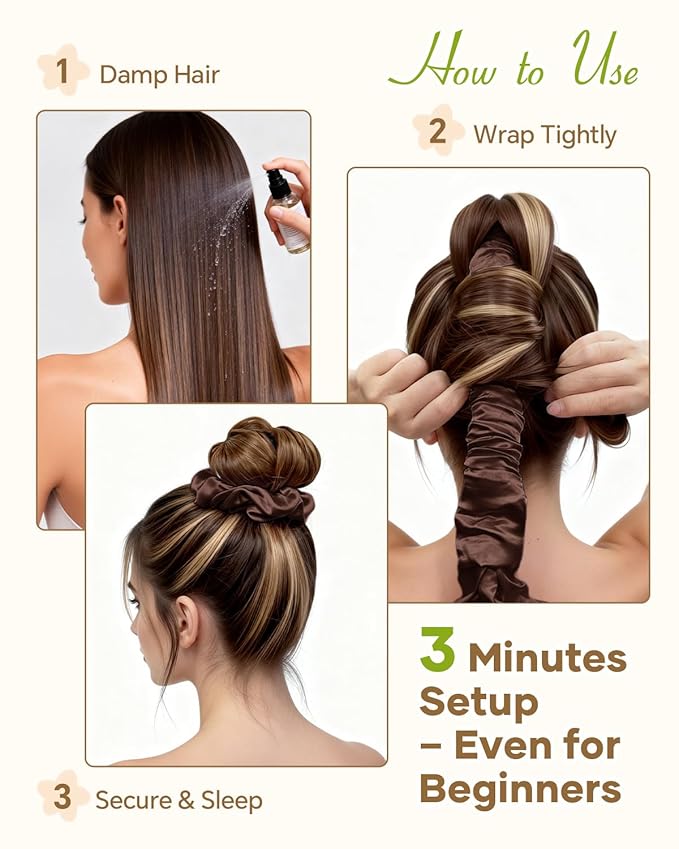 BONNET QUEEN Satin Heatless Hair Curler, Overnight Curls for Long Hair, ultra soft Heatless Curling Rod & 2 Scrunchies,Damage-Free Styling, Soft Hair Curlers for Overnight Use(Brown)