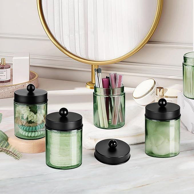 Amolliar Sage Green Apothecary Glass Jar With Metal Lid & Stickers, Bathroom Qtip Dispenser Storage Canister, Perfect for Cotton Balls, Cotton Swabs, Round Pads, Bath Salt, Floss, Black 1 Pack