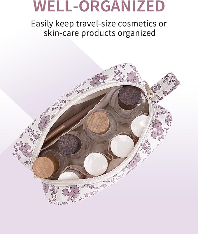 Narwey Small Makeup Bag for Purse Travel Makeup Pouch Mini Cosmetic Bag Zipper Pouch for Women (Dusty Pink Flower, Small)