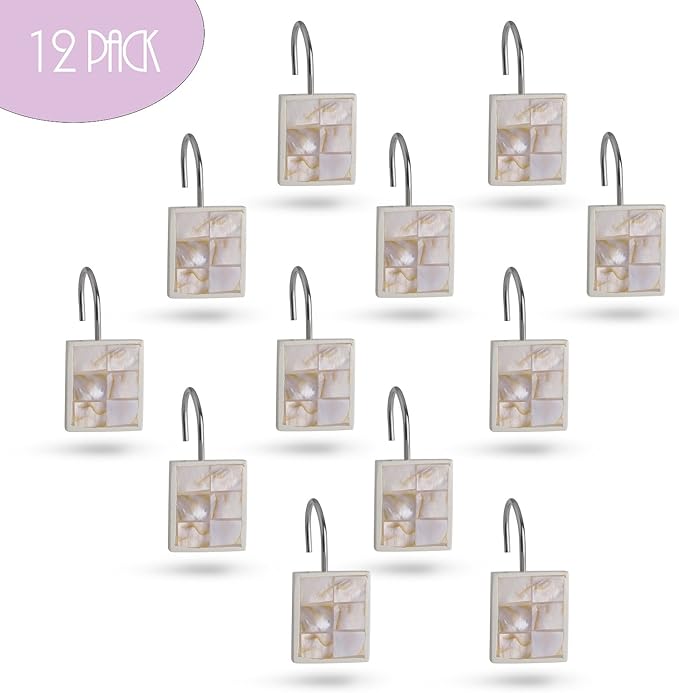 Milano Decorative Shower Curtain Hooks - Set of 12 Shower Curtain Rings for Bathroom Shower - Shower Hooks for Shower Curtain Finished in Modern Mother of Pearl