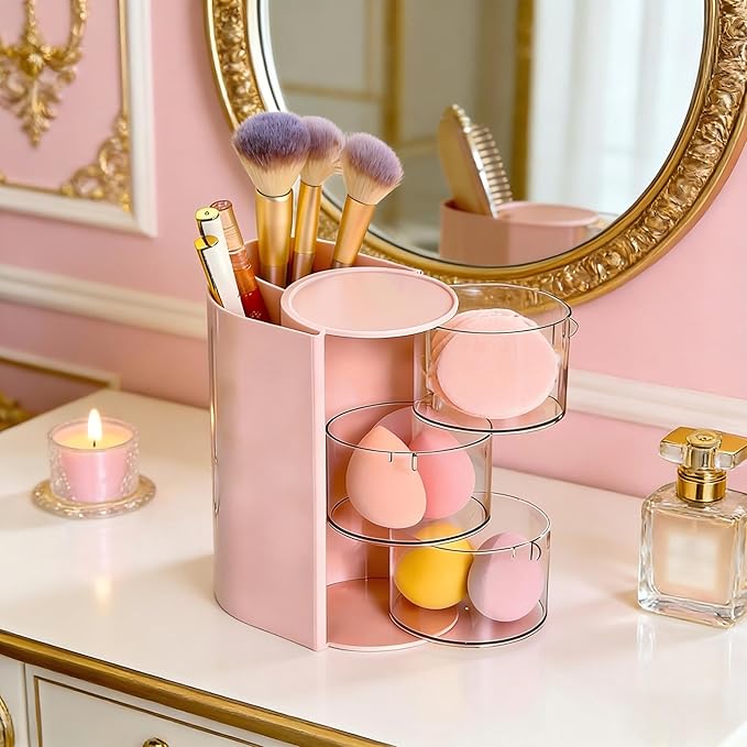 Hair Accessories Organizer with Hair Brush Holder, Rotatable Makeup Brush Holder for Necklaces, Earring, Bracelet, Ring, Makeup Brushes, Hair Clip and Hair Accessories (Pink, 3-Layer)