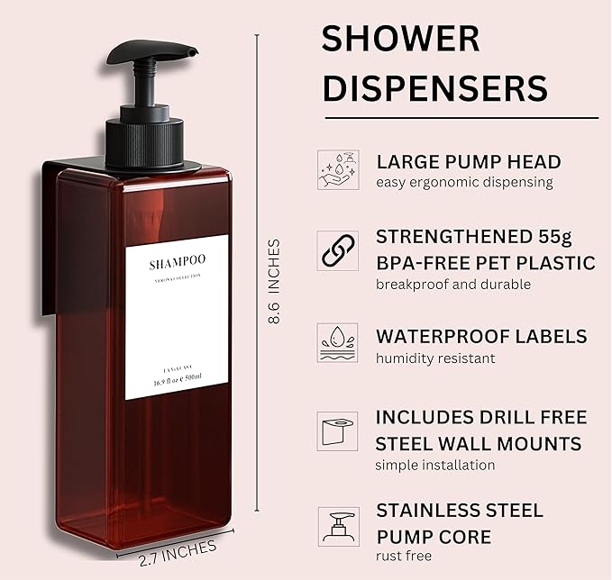 Shampoo and Conditioner Dispenser | 3 Plastic Amber 3 Wall Mount Black | Shampoo Dispenser with Waterproof Labels | No Drill | Shower Bottles Refillable with Pump