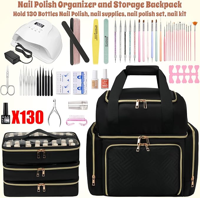 Nail Polish Organizer Backpack Hold 130 Bottles& Nail Lamp, Extra Large Nail Kit Bag with 3 Separate Sponge Pouches for Gel Polish, Travel Carrying Case for Nail Art Supplies, Nail Tool& Stuff