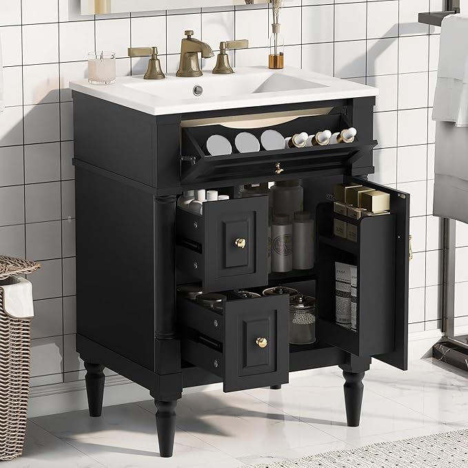 Harper & Bright Designs 24" Bathroom Vanity with Sink, Free Standing Bathroom Vanity Set with Flip Drawer, 2 Drawers, and Adjustable Shelf, Wood Storage Cabinet with Ceramic Basin for Bathroom, Black