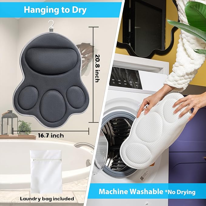 Bath Pillows for Tub Neck and Back Support - Upgraded Non-Slip Rubber Backing & 6 Suction Cups, 4D Air Mesh Spa Bathtub Cushion for Head Rest, Machine Washable with Laundry Bag & Hook (Gray)
