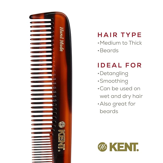 Kent 9T Tortoise Fine and Wide Tooth Detangler Hair Comb - Large Handmade and Saw-Cut Dressing Comb -for Wet and Dry, Hair Comb for Women and Durable Grooming Comb for Men, Made in England