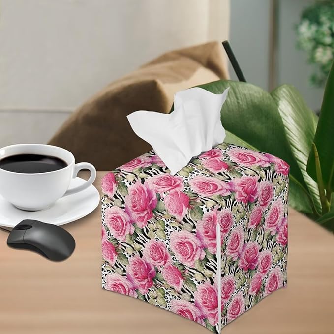 Rose Leopard Decorative Tissue Box Cover, Waterproof PU Leather Square Holder with Metal Button, Protective Napkin Case for Bathroom Countertop, Office Desk, and Car Interior