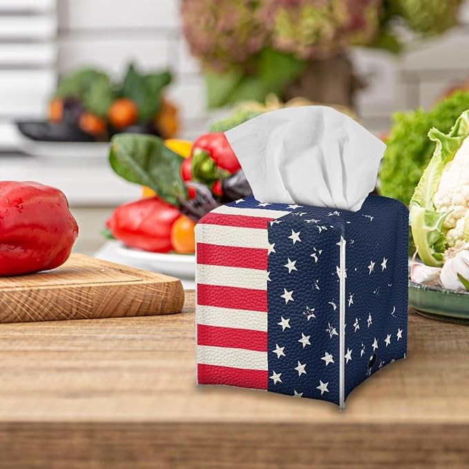 American Flag Tissue Box Holder Stylish Leather Square Tissue Box Cover with Top Handle Waterproof Napkin Case Holder Home Office Bathroom Decor