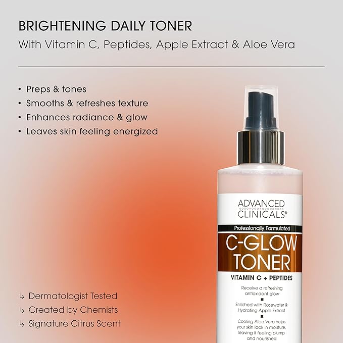 Advanced Clinicals Vitamin C Glow Facial Mist Toner for Face W/Rosewater, Ferulic Acid, & Peptides. Vitamin C Antioxidant Moisturizer Face Mist Provides Instant Skin Hydration, Non-Greasy, 8 Fl Oz