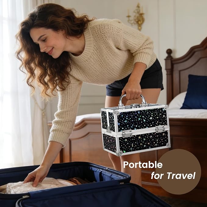 FRENESSA Makeup Train Case 8.85 Inch Portable Makeup Case Organizer Cosmetic Box Make Up Box Makeup Organizer Cosmetic Storage Cases with Locking Nail Kit Organizer Small Travel Case Shiny Star