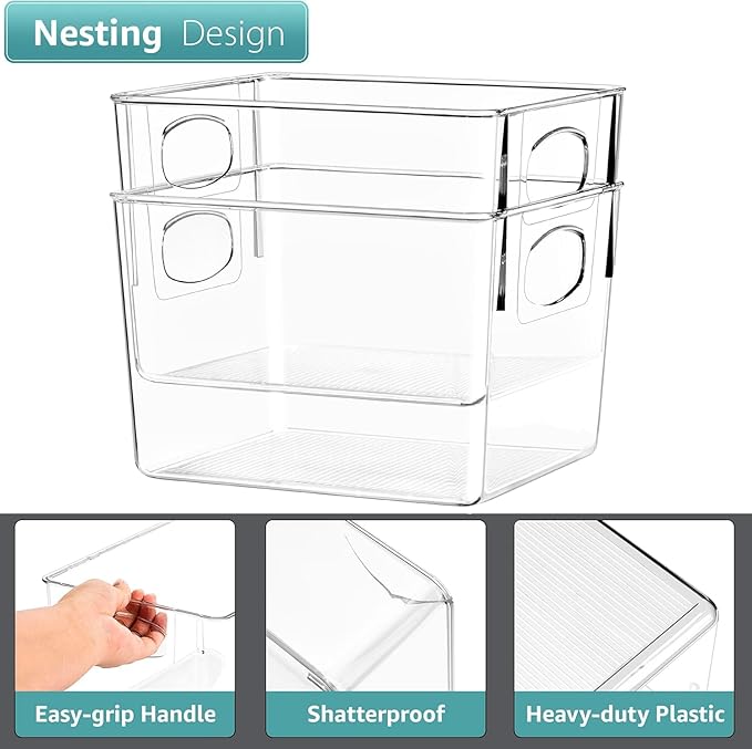 4-Pack Clear Plastic Storage Bins with Handles (8.7"x7.5"x6") – Compact Organizers for Fridge, Freezer & Pantry – Non-Slip Food Safe Containers for Snacks, Yogurt, Spices, Makeup & Office Supplies