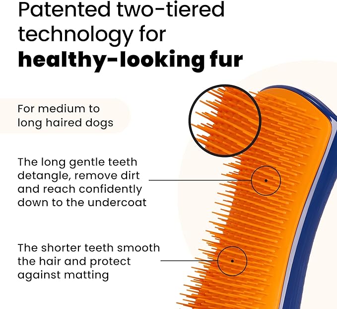 Pet Teezer Detangling Dog Grooming Brush, Dog Bath Brush for Long Haired Breeds and Wet or Dry Fur, Large, Navy & Orange