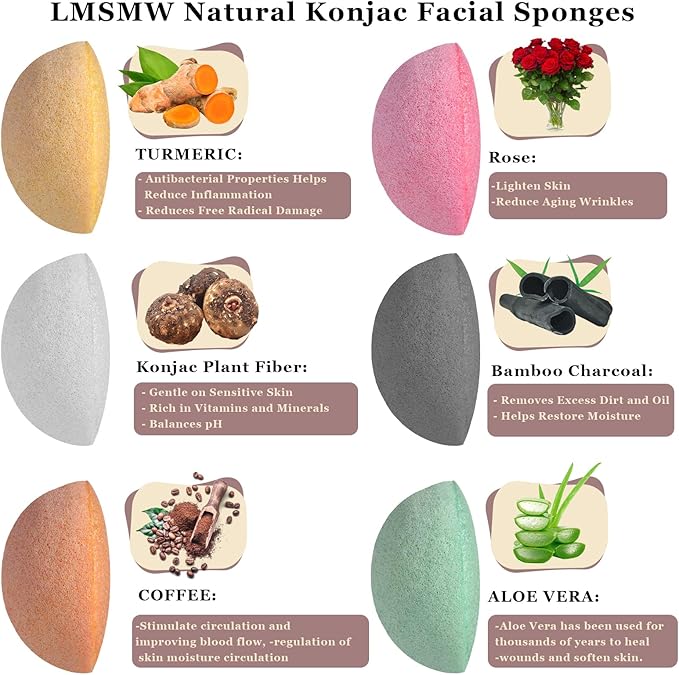 Organic Konjac Cleansing Facial Sponges Set - Gentle Exfoliating Konjac Sponge Scrubbers for Face Body Washing with Activated Charcoal, Natural Skincare Tools for Oily Dry Combination Sensitive Skin