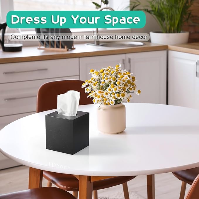 ALELION Wooden Tissue Box Cover Square - Large Black Tissue Box Holder for Tabletop Night Stands Bathroom Office - Decorative Facial Cube Tissue Box Cover