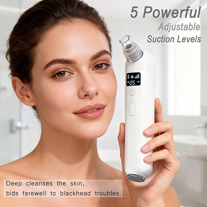 Vacuum Blackhead Remover Pore Cleaner with Heat & Red Light 5 Suction Levels Nose Pore Cleaner Rechargeable with LED Display, 6 Probes & Bonus Blemish Extractor Tools, Skincare Gift for Women