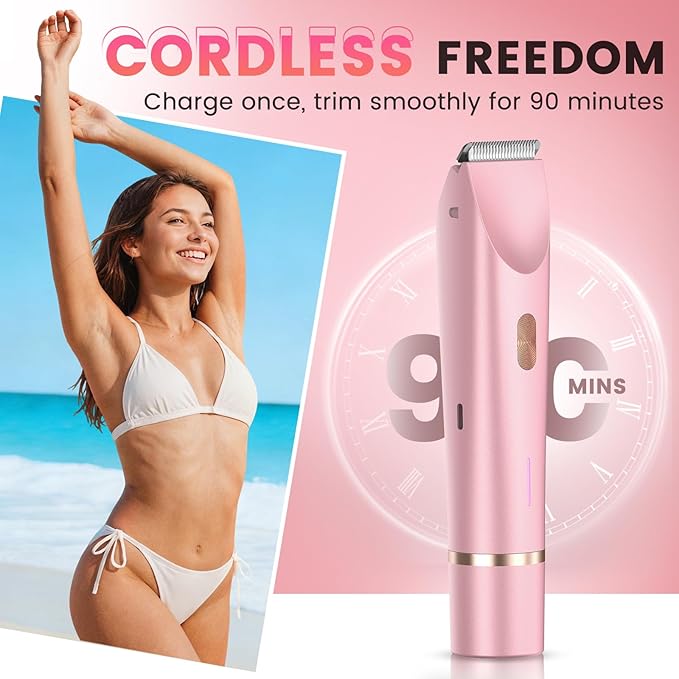 Bikini Trimmer for Women, Painless Electric Razor for Women with Dual Head, IPX7 Waterproof Pubic Body Hair Trimmer Electric Shaver for Legs/Arm/Underarm (Pink)