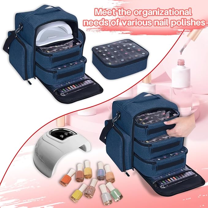 Nail Polish Organizer Storage Box, Holds 90 Bottles of Nail Polish, Portable Travel Case with 3 Separate Storage Bags, Can Be Used for Nail Art Supplies, Manicurists, etc Blue