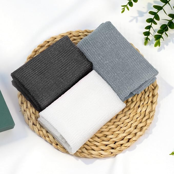 Exfoliating Washcloth, Nylon Bath Towel Body Scrubber with Hanging Strap, Back Scrubber for Shower Japanese Washcloth Loofah - Deep Clean & Rich Lather (Black & White & Gray, Pack of 3)