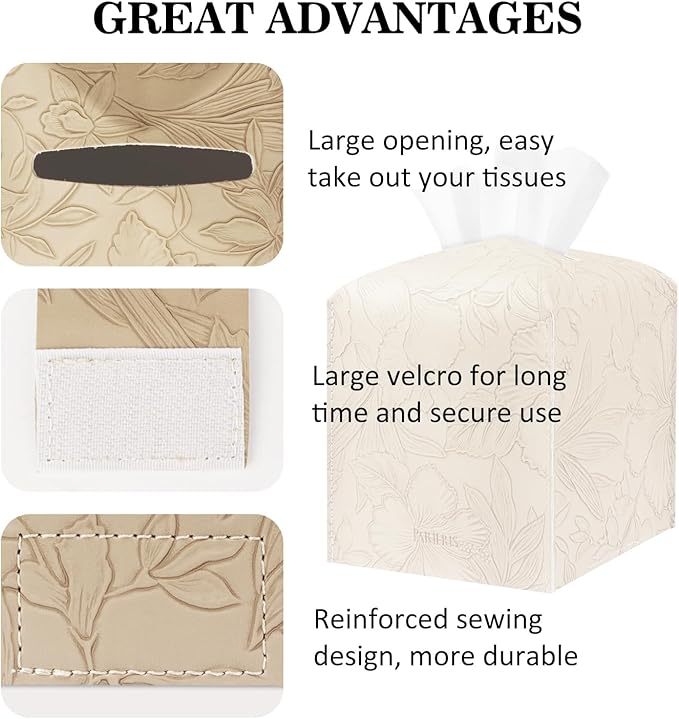 Tissue Box Holder Cover Square Tissue Cube Cover PU Leather Tissue Organizer with Bottom Belt for Bathroom, Tabletop, Kitchen, Night Stands, Office, Home, Car (1, SoftBeige)