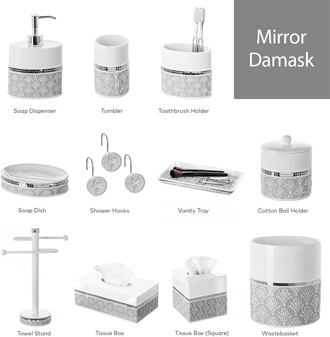 Creative Scents Mirror Damask White and Gray Bathroom Accessories Set - 6 Piece Bathroom Accessory Set Includes: Trash Can, Tissue Box Cover, Soap Dispenser, Soap Dish, Toothbrush Holder & Tumbler