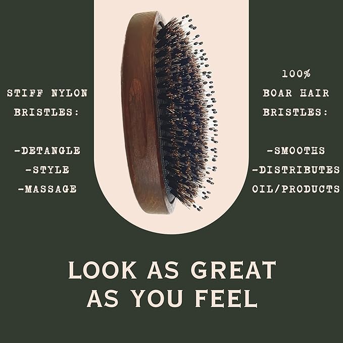 Beard Brush for Men – Boar Bristle & Nylon Military-Style Palm Brush – Dual Soft & Stiff Bristles for Hair & Beard Grooming – Travel Size – Gift Tin Included