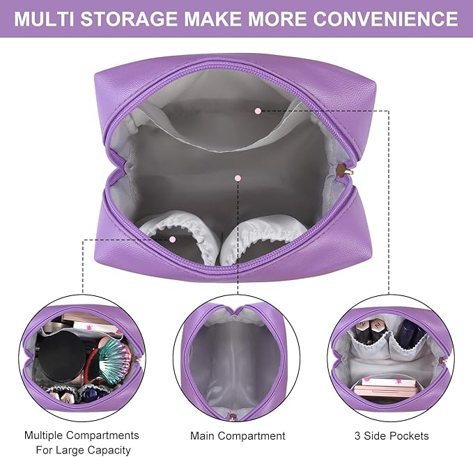 MAANGE Small Makeup Bag For Purse, Travel Cosmetic Bag Makeup Pouch PU Leather Portable Versatile Zipper Pouch For Women (Purple)