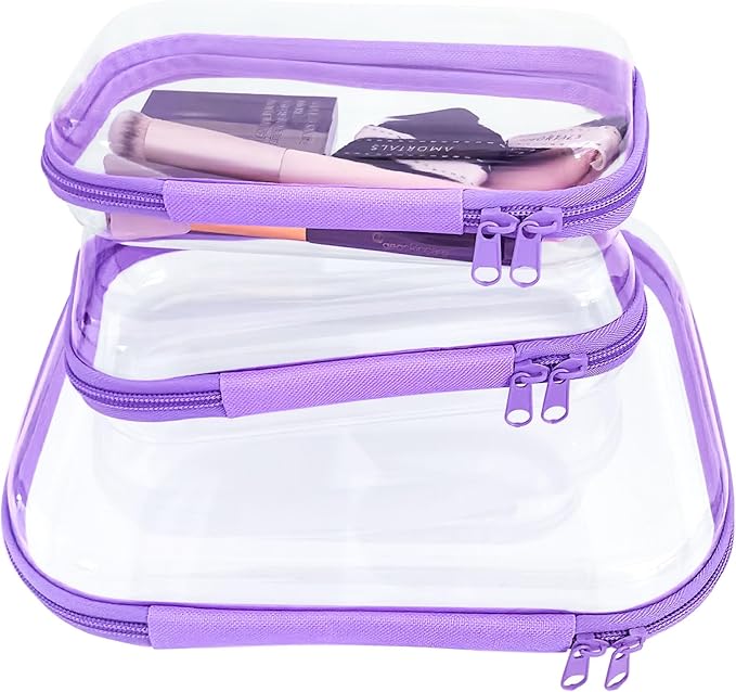 3 Pcs Clear Hard Zipper Case, Hard Shell Plastic Clear Organizer Bag, Transparent Makeup Pouches, Portable Box for Travel Toiletries Storage Bins (Purple)