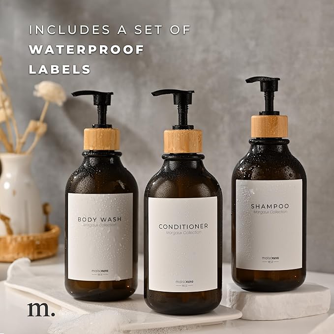 MaisoNovo Refillable Shampoo and Conditioner Bottles - 16.9 fl oz Set of 3 Amber Plastic Bottles Black Bamboo Pumps