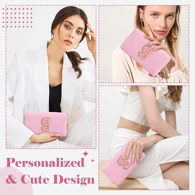 Personalized Initial A-Z Preppy Patch Makeup Bag,Small PU Leather Chenille Letter Cosmetic Bag with Zipper for Teen Girls,Pink Cute Travel Toiletry Bag,Birthday Monogrammed Gift for Daughter,Letter S
