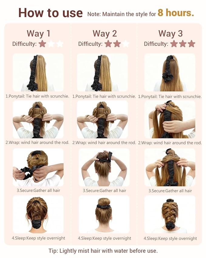 BONNET QUEEN Satin Heatless Hair Curler, Overnight Curls for Long Hair, ultra soft Heatless Curling Rod & 2 Scrunchies,Damage-Free Styling, Soft Hair Curlers for Overnight Use(Black)