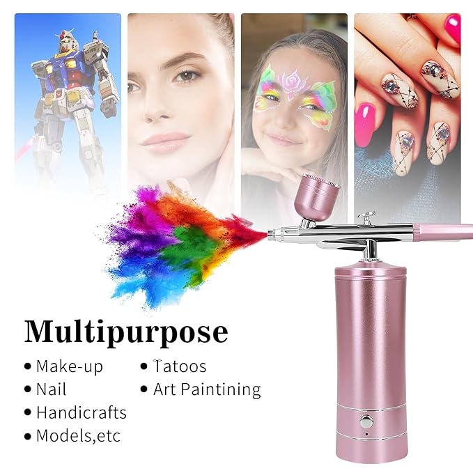 Airbrush Kit Air Brush Kit With Air Compressor Nail Charms Wireless Air Brush for Barber, Nail Art, Cake Decor, Makeup, Model Painting (Pink - with extension tube)