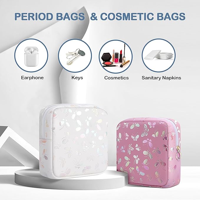 Period Bag Pouch, Leather Sanitary Napkin Storage Bag for Girls Womens, Portable Sanitary Napkin Period Pad Pouch Bag for Purse, Small Make Up Bags(White Butterflies)