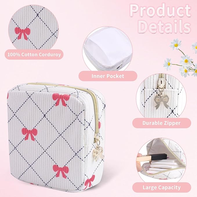 Period Bag for Women - Cute Corduroy Sanitary Napkin Storage Bag with Bow Design | Period Pouch for Daily Use, Travel | Discreet Menstrual Pouch | Pad Bags for Period Holds Pads, Tampons
