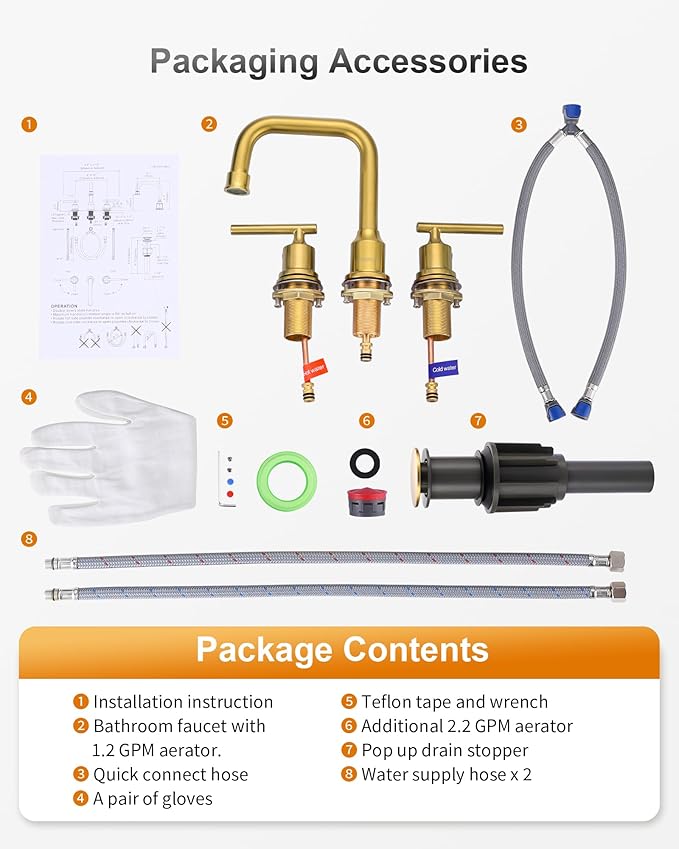 WOWOW Brushed Gold Bathroom Faucet Widespread Bathroom Sink Faucet 2 Handle Lavatory Tap 3 Holes with Drain and Supply Hoses Mordern Basin Taps