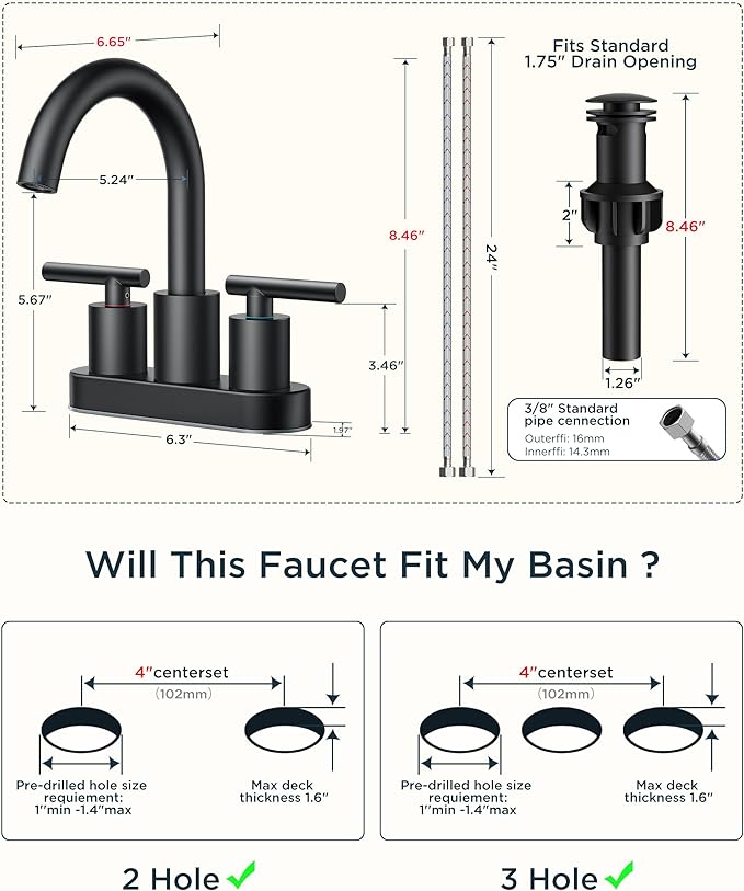 FORIOUS 4 Inch Centerset Bathroom Faucet Black 2 Hole, Two Handle Matte Black Faucet for Bathroom Sink with Pop Up Dain, 24" Supply Line, and 360° Rotating Spout of 4" Vanity