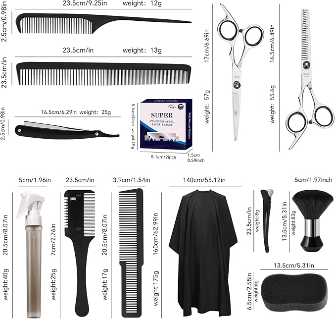 14PCS Hair Cutting Kit with Barber Bag, Haircut Scissors, Barber Cape with Adjustable Neck Size&Neck Duster Brush, Profesional Barber Accessories for Barber/Salon/Home