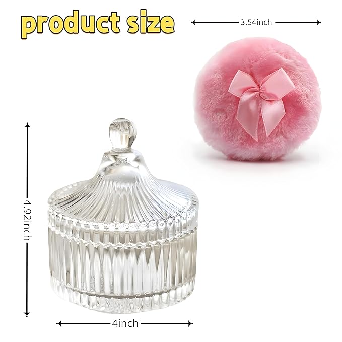 2 Pcs Large Body Powder Puff and Container Powder Container with Puff Powder Puff Crystal Container Soft Washable Reusable Velour Face Body Glitter Powder Puff Wet Dry Makeup (Pink)