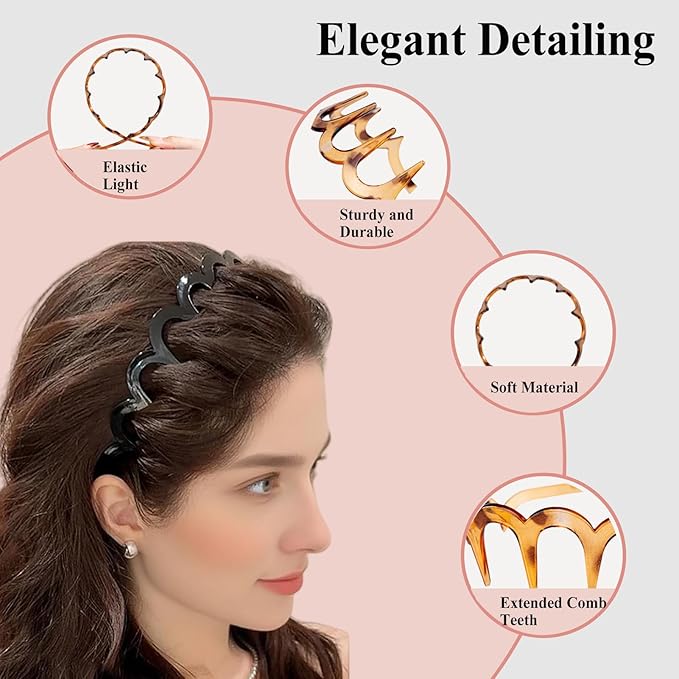 6Pcs U Shape Fashion Tooth Hair Comb Headband,High Cranium Headbands for Women's Hair, Reversible Korean Headbands with Teeth ﻿ (Mix 6Pcs, M)