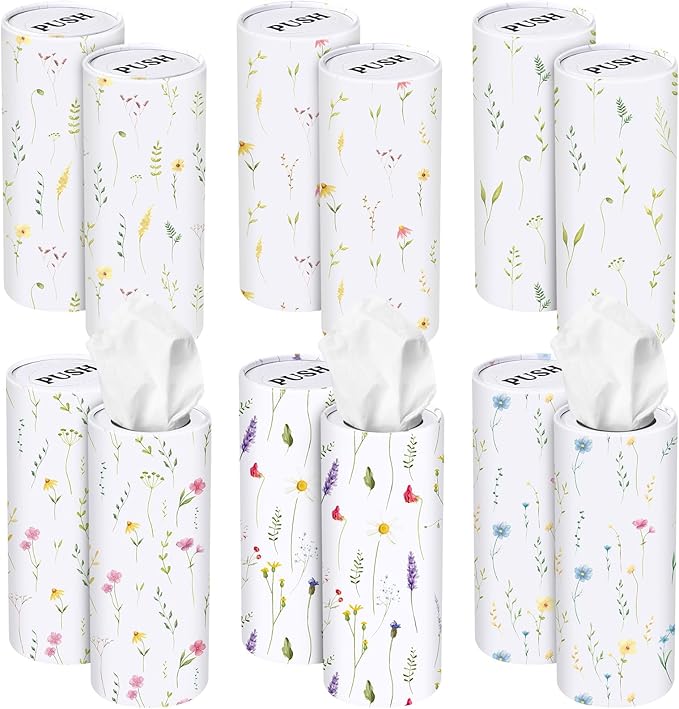 Outus 12 Pcs Floral Car Tissue Holder Cylinders with 3 Ply Facial Tissue Bulk, Portable Paper Dispenser for Cup Holder, Travel Bathroom Table Decor, Tissues Boxes Container for Home Office Party