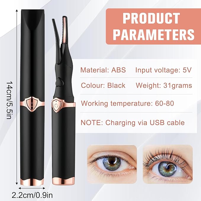 Heated Eyelash Curler, Mini Electric Eyelash Curler, Portable Makeup Electric Eyelash Curling, USB Rechargeable Finalize Eyelash Tool Beauty Tools for Women (Black)