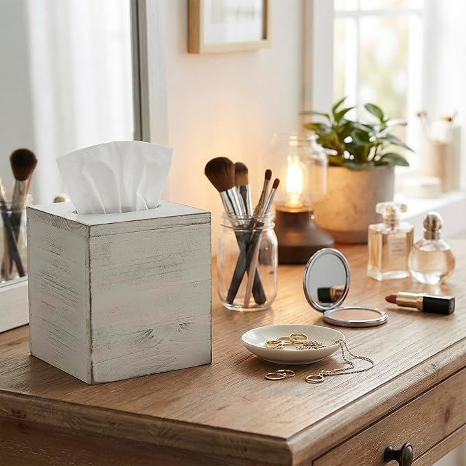 MyGift Vintage White Wood Tissue Box Cover Holder with Easy Refill Slide Out Bottom, Decorative Square Bathroom Facial Tissue Holder