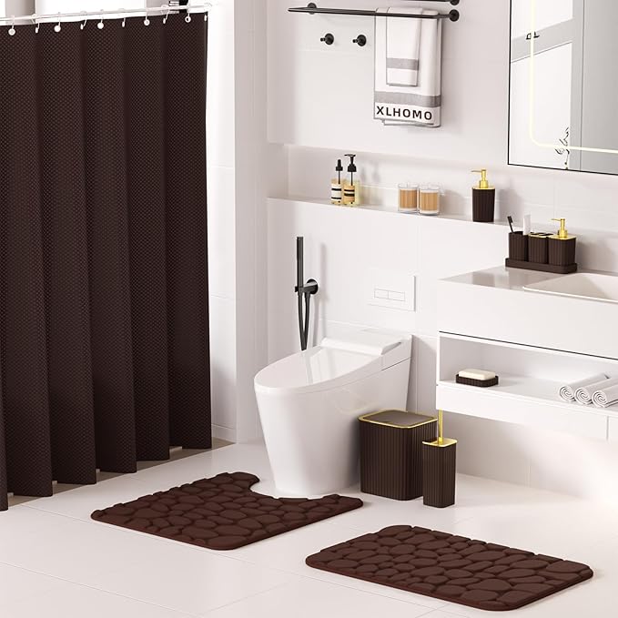 Bathroom Accessories Set - 25PC Brown Bathroom Sets with Shower Curtain and Rugs, Bathroom Accessory Set, Brown Shower Curtain Set, Trash Can, Qtip Holder Dispenser & Soap Dispenser