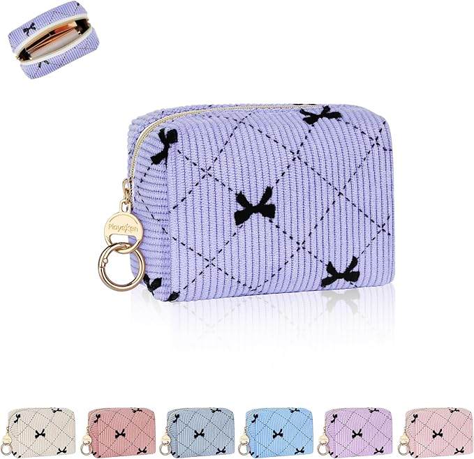 Mini Makeup Bag, Corduroy Small Cosmetic Bag for Purse with Ring Buckle, Bow Tie Travel Makeup Pouch for Lipsticks, Chapsticks, Coin, Earphone, Credit Card (Light Purple)