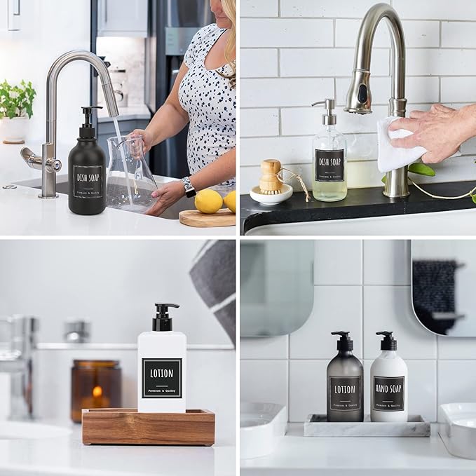 Segbeauty Kitchen Organization Labels, 18pcs Black Removable Waterproof Labels for Containers, Reusable Hand Soap Dispenser Sticker for Farmhouse Modern Home Cleaning Plastic Glass Bottles