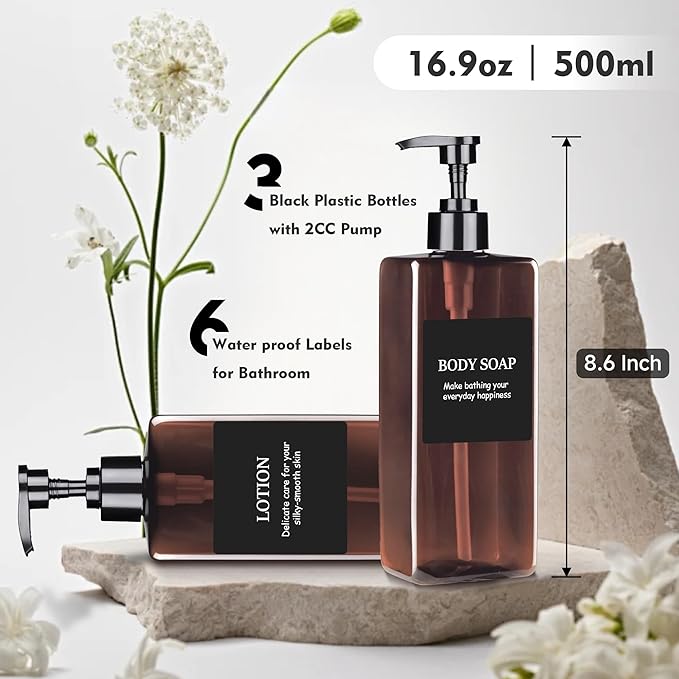 Amber Refillable Plastic Pump Bottle Set, 500ML - Waterproof Labels, Shampoo and Conditioner Dispenser for Shower (Set of 3)