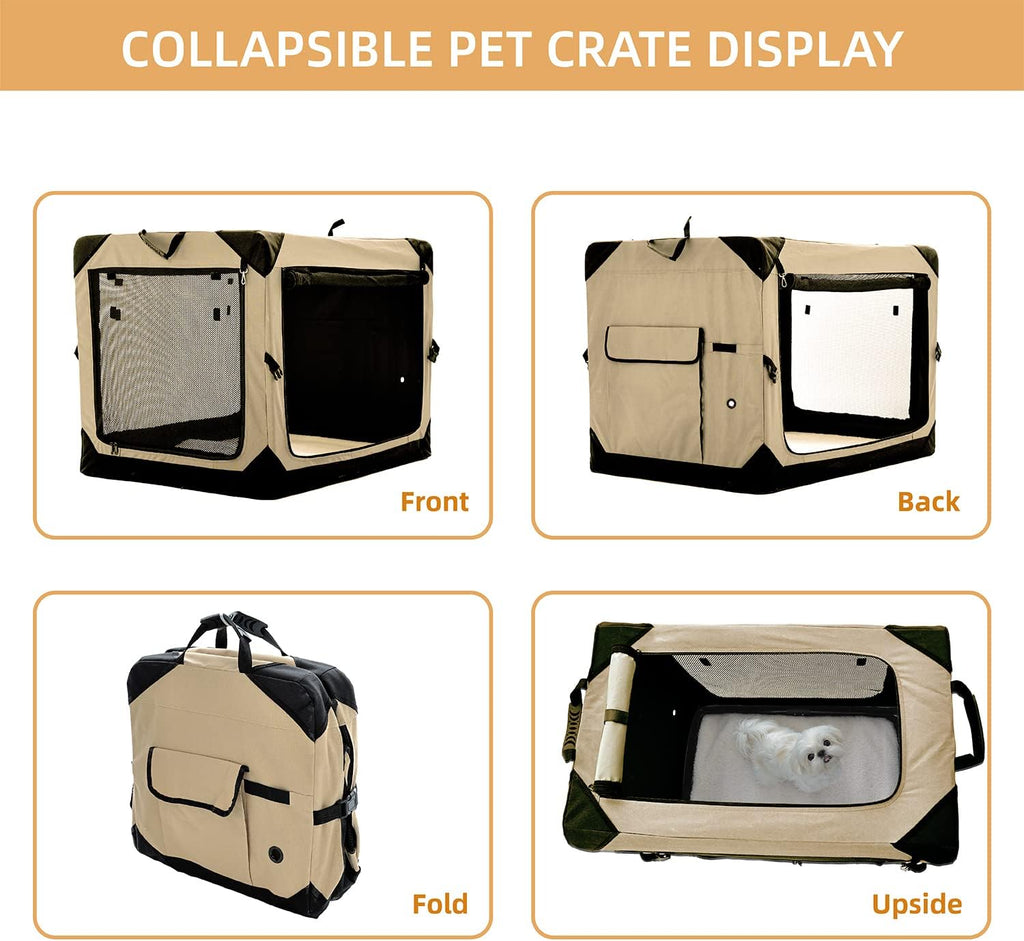 Pettycare 36 Inch Collapsible Dog Crate for Large Dogs, 4-Door Foldable Soft Dog Kennel with Chew Proof Mesh Windows, Indoor & Outdoor Travel Dog Crate, Beige