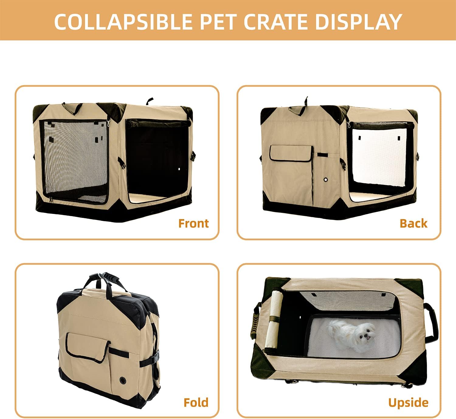 Pettycare 36 Inch Collapsible Dog Crate for Large Dogs, 4-Door Foldable Soft Dog Kennel with Chew Proof Mesh Windows, Indoor & Outdoor Travel Dog Crate, Beige