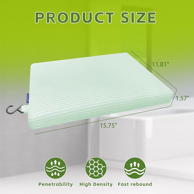 Gooo&Ma Non-Slip Waterproof Shower Seat Cushion Bathtub Pillow Shower Chair Bench Bathtub Cushion - with 3D Mesh & Hook - Bath Pillow，for Elderly，Pregnancy - Washable and Quick Drying(Green)